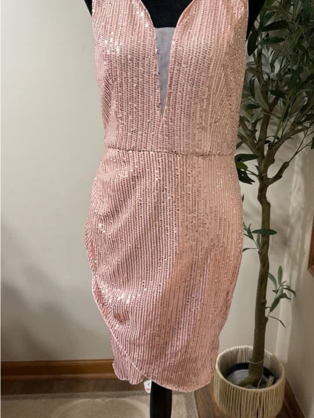 Grace Karin Blush Sequin Midi Dress with Plunging V-Neck